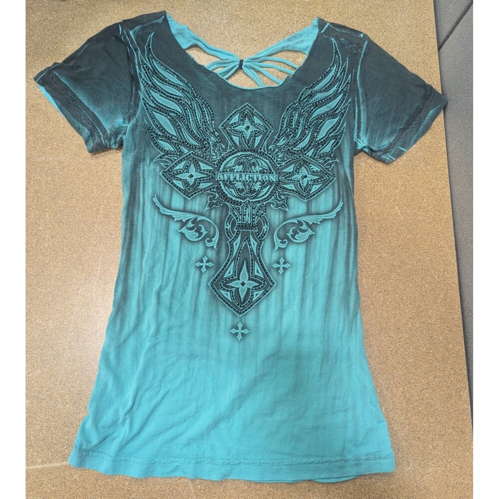 Women's Affliction Green Rome Rhinestone & Cross Wings T-Shirt Top. Size Small